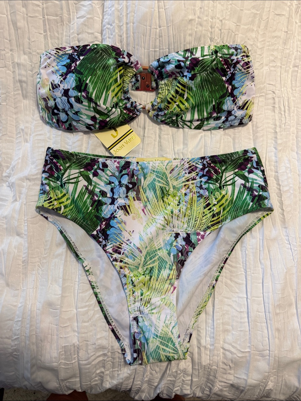 Joan Vass Tropical Print Bandeau Bikini in Green, Blue & Purple